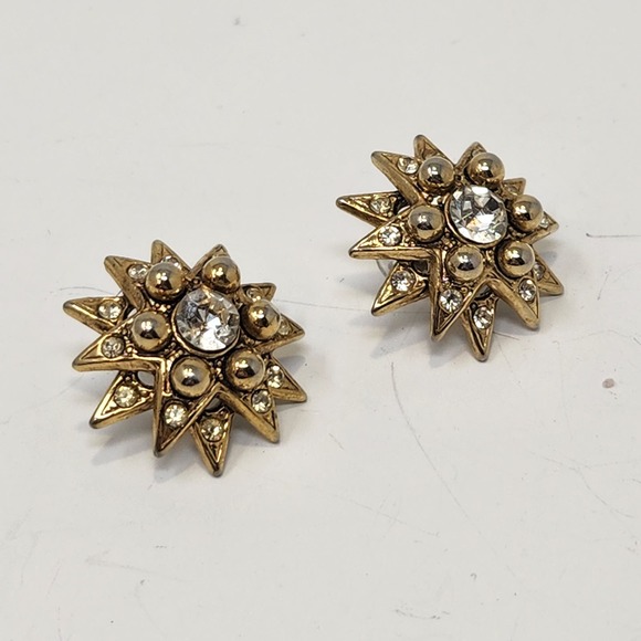 Starburst Clear Crystal Gold Tone Post Earrings Pierced Costume Jewelry Stars - Picture 3 of 5